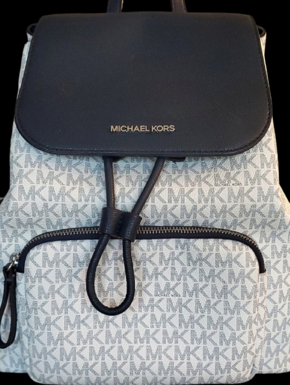 Michael Kors Cream MK Monogram Backpack with Navy Trim